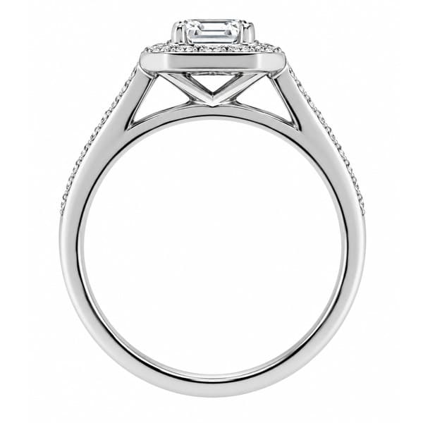 Classic 1920's Art Deco style Radiant cut diamond halo cluster ring with four claw setting to the main centre diamonds platinum gold