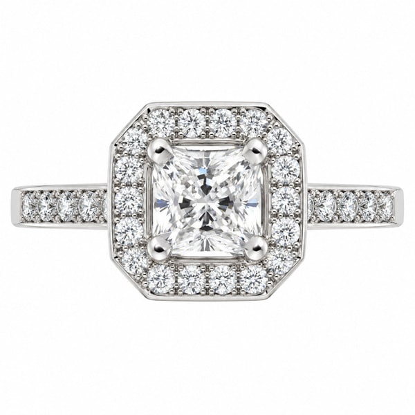 Classic 1920's Art Deco style Radiant cut diamond halo cluster ring with four claw setting to the main centre diamonds platinum gold