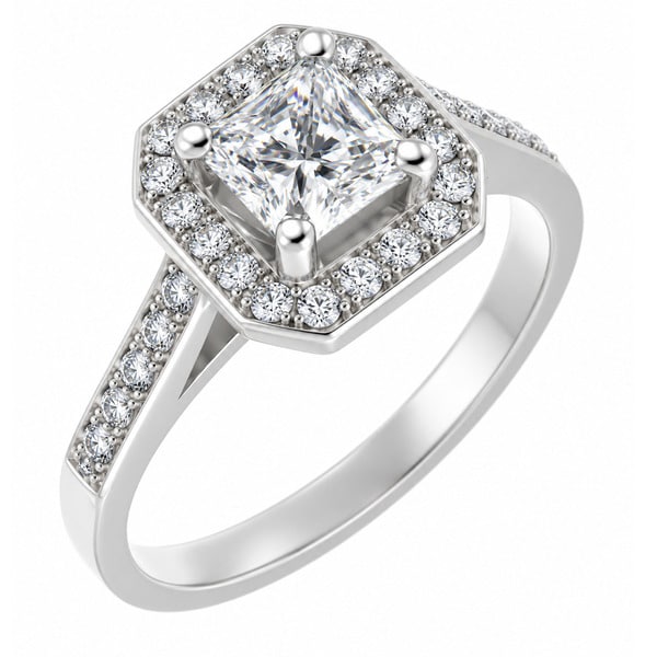 Classic 1920's Art Deco style Radiant cut diamond halo cluster ring with four claw setting to the main centre diamonds platinum gold