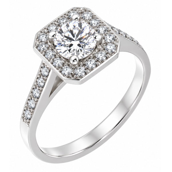 classic 1920's Art Deco style round brilliant cut diamond halo cluster ring with four claw setting to the main centre diamonds platinum gold
