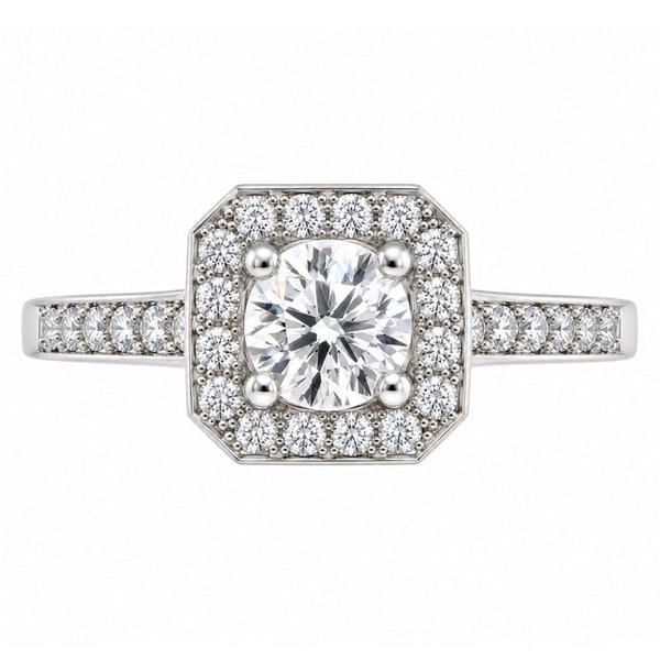 classic 1920's Art Deco style round brilliant cut diamond halo cluster ring with four claw setting to the main centre diamonds platinum gold
