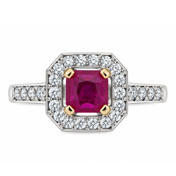Classic 1920's Art Deco style square octagon cut shape Ruby halo cluster ring with four claw setting to the main centre diamonds platinum gold