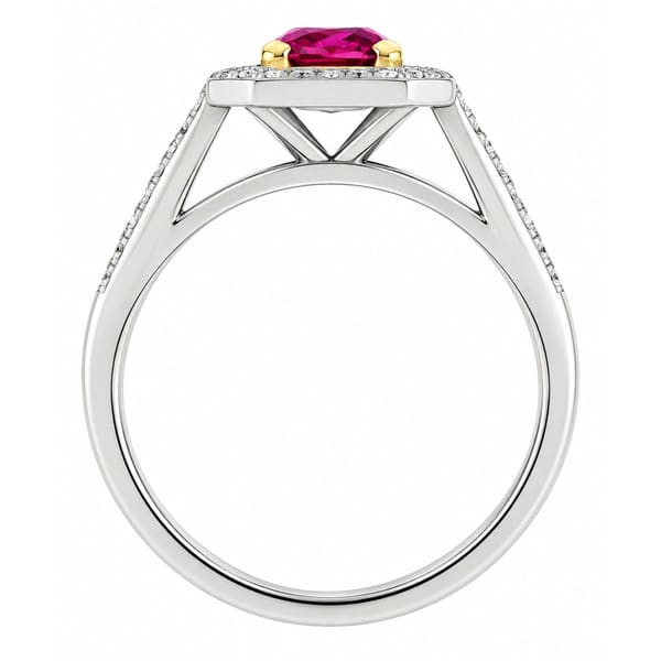 Classic 1920's Art Deco style square octagon cut shape Ruby halo cluster ring with four claw setting to the main centre diamonds platinum gold
