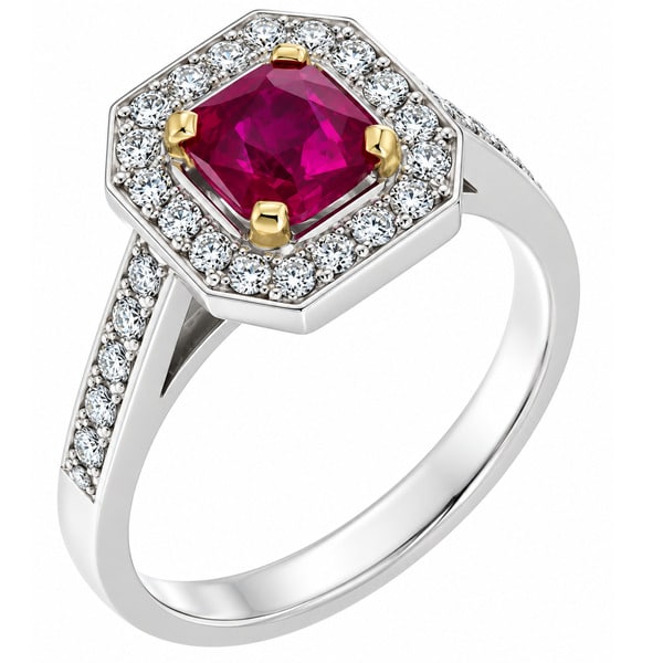 Classic 1920's Art Deco style square octagon cut shape Ruby halo cluster ring with four claw setting to the main centre diamonds platinum gold