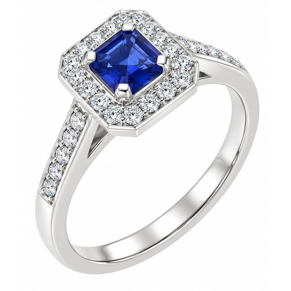 Classic 1920's Art Deco style square octagon cut shape blue sapphire halo cluster ring with four claw setting to the main centre diamonds platinum gold