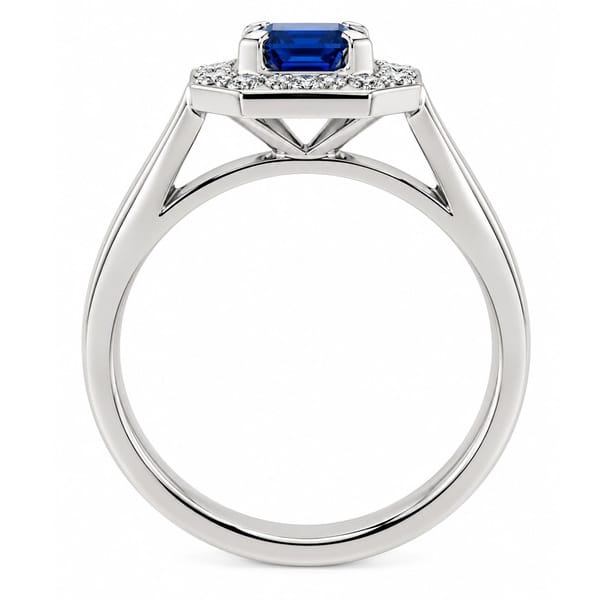 Classic 1920's Art Deco style square octagon cut shape blue sapphire halo cluster ring with four claw setting to the main centre diamonds platinum gold