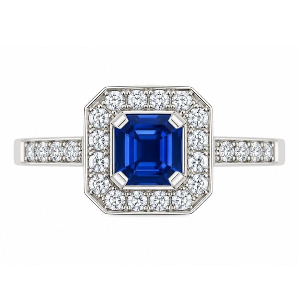 Classic 1920's Art Deco style square octagon cut shape blue sapphire halo cluster ring with four claw setting to the main centre diamonds platinum gold