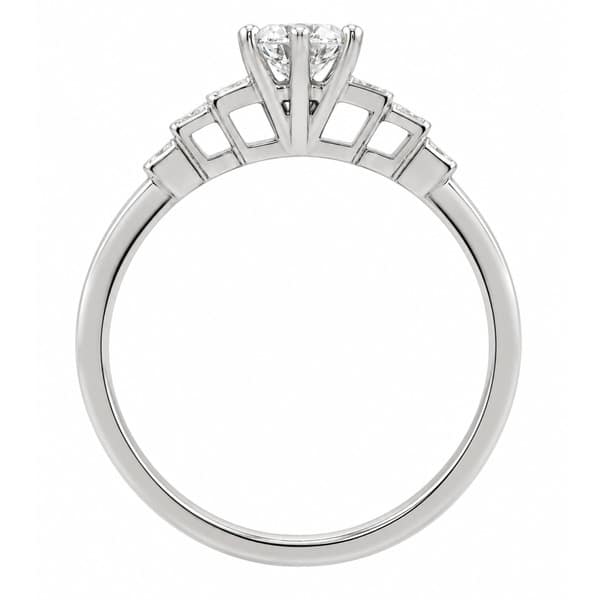 Art deco style round brilliant cut diamond solitaire engagement ring with diamond shoulders design modern platinum gold
