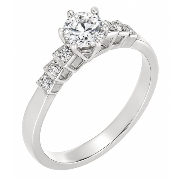 Art deco style round brilliant cut diamond solitaire engagement ring with diamond shoulders design modern platinum gold