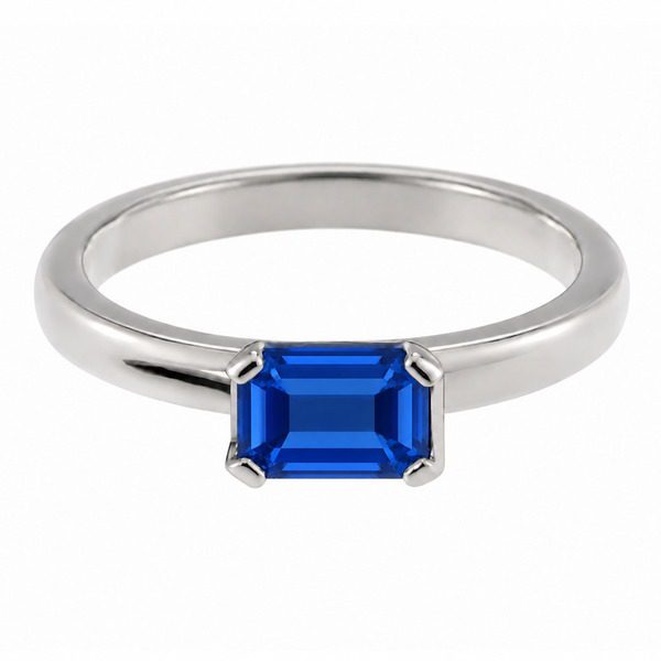 Step or emerald cut blue sapphire solitaire engagement dress ring modern contemporary semi rubover claw setting platinum gold
