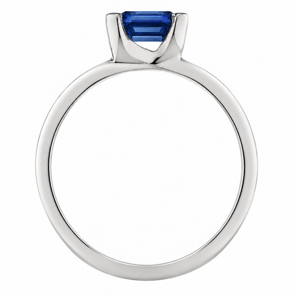 Step or emerald cut blue sapphire solitaire engagement dress ring modern contemporary semi rubover claw setting platinum gold