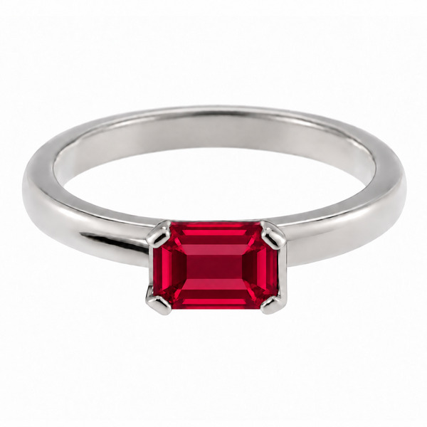 Step or emerald cut Ruby solitaire engagement dress ring modern contemporary semi rubover claw setting platinum gold