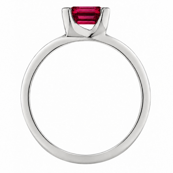 Step or emerald cut Ruby solitaire engagement dress ring modern contemporary semi rubover claw setting platinum gold