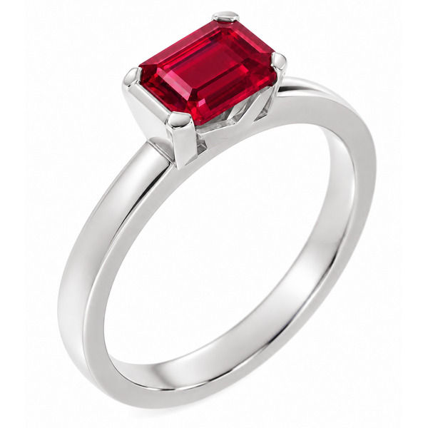 Step or emerald cut Ruby solitaire engagement dress ring modern contemporary semi rubover claw setting platinum gold